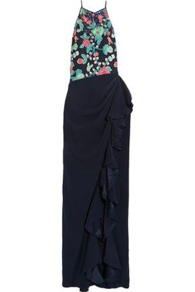 Badgley Mischka Woman Embroidered Mesh And Stretch-crepe Gown Navy