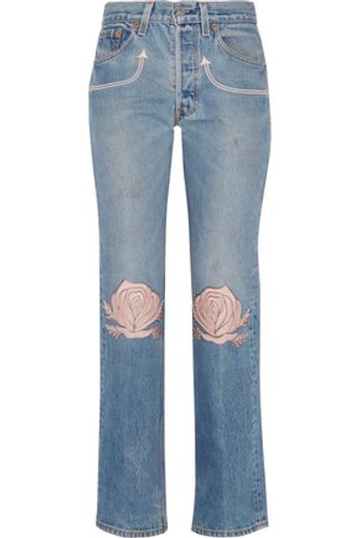 Bliss And Mischief Woman Song Of The West Embroidered Mid-rise Straight-leg Jeans Light Denim