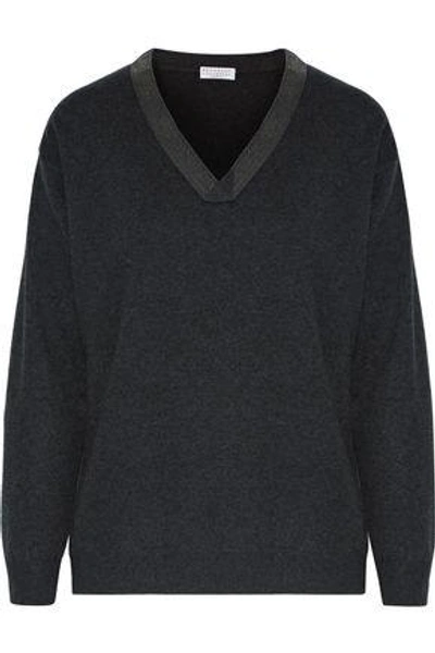 Brunello Cucinelli Woman Bead-embellished Cashmere Sweater Charcoal