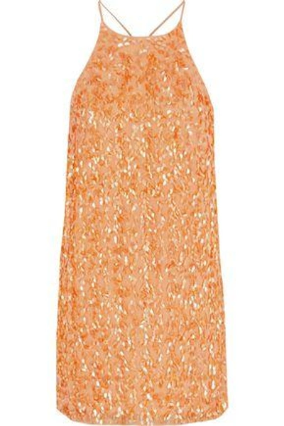 Halston Heritage Woman Sequined Silk Mini Slip Dress Pastel Orange