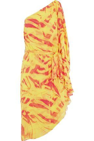 Halston Heritage Woman One-shoulder Crinkled Printed Silk-chiffon Dress Coral