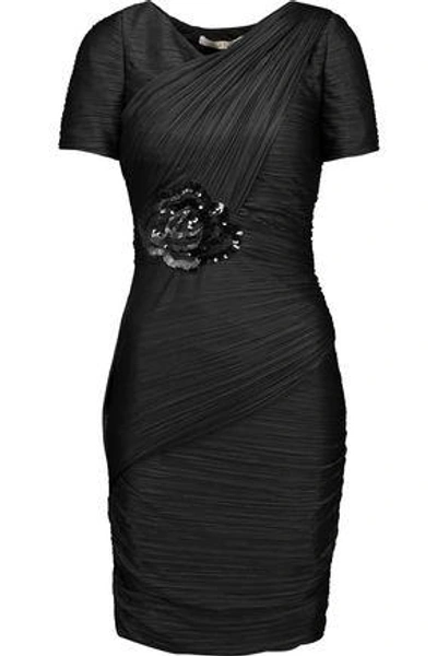 Halston Heritage Embellished Ruched Plissé Stretch-satin Dress In Black