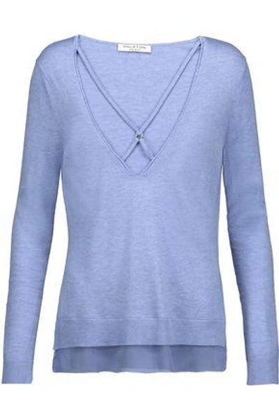 Halston Heritage Woman Silk Crepe De Chine-trimmed Stretch-knit Sweater Sky Blue