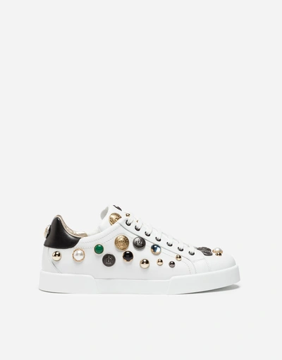 Dolce & Gabbana Leather Sneakers With Appliqué In Multicolor