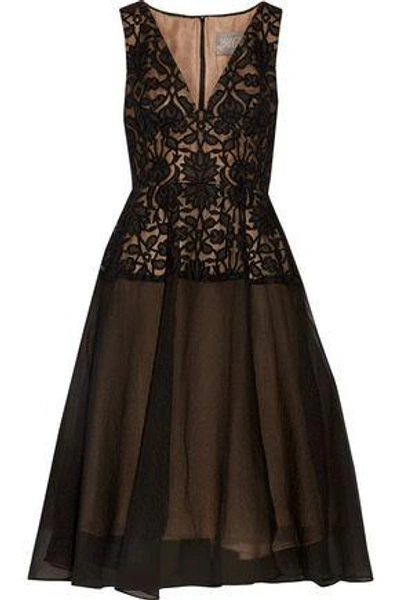 Lela Rose Woman Guipure Lace-paneled And Silk-blend Cloqué Midi Dress Black