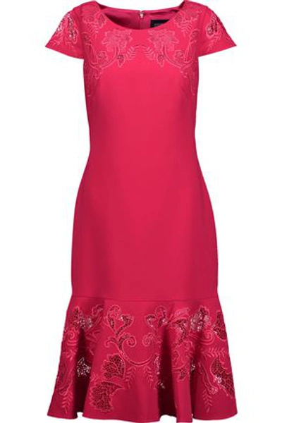 Marchesa Notte Fluted Embroidered Lace-paneled Cady Dress In Fuchsia