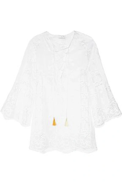 Miguelina Karla Lace-up Hibiscus Coverup Dress, Pure White