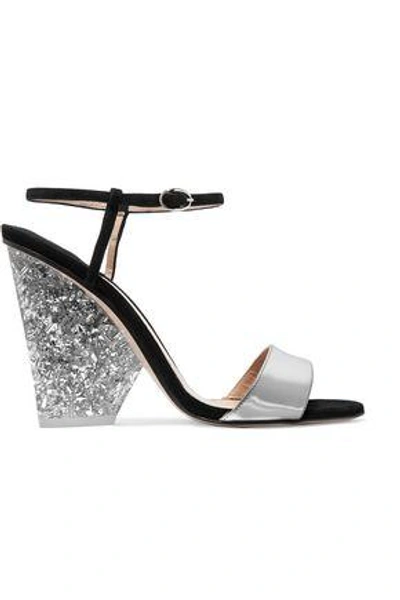 Paul Andrew Woman + Edie Parker Metallic Leather And Suede Sandals Silver