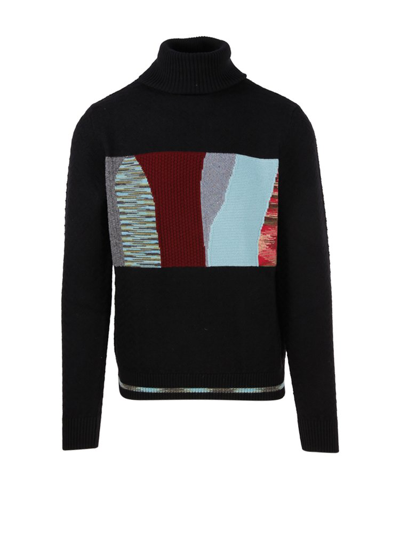 Missoni Panelled-intarsia Roll-neck Wool-blend Sweater In Black
