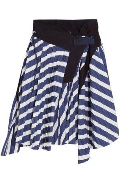 Sacai Woman Cole Asymmetric Pleated Striped Cotton Skirt Navy
