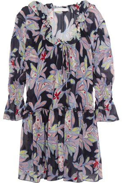 See By Chloé Ruffled Floral-print Silk-crepe Dress In Navy