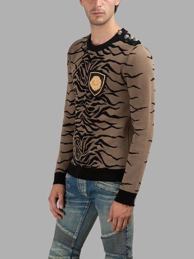Balmain Tiger Cotton Jacquard Sweater Beige ModeSens