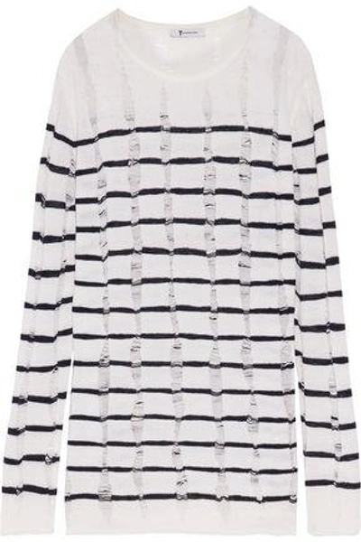 Alexander Wang Woman Open Knit-trimmed Striped Merino Wool Sweater White