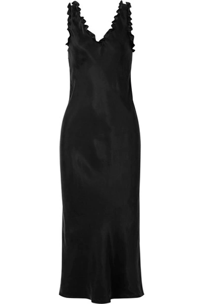 Tibi Ruffle-trimmed Washed-satin Midi Dress In Black