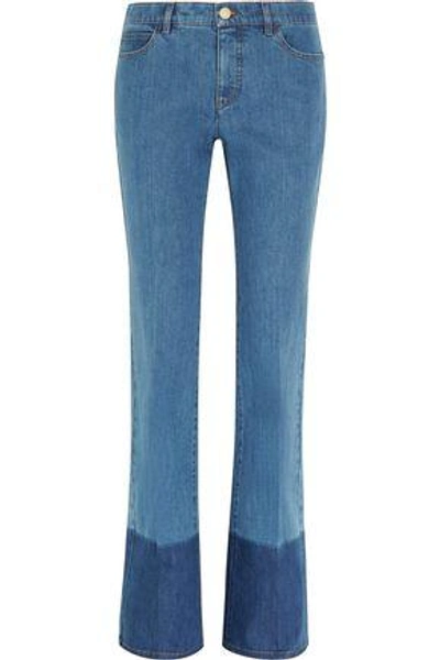 Valentino Woman Two-tone Mid-rise Flared Jeans Mid Denim