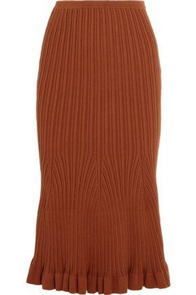 Victoria Beckham Fluted Ribbed-knit Stretch-cotton Midi Skirt In Brown