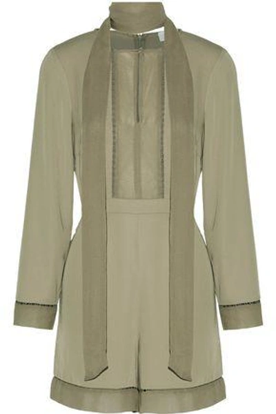 Zimmermann Woman Pussy-bow Silk Chiffon-paneled Crepe De Chine Playsuit Army Green