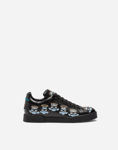 Dolce & Gabbana Printed Portofino Leather Sneakers In Black