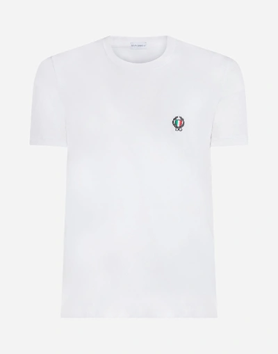 Dolce & Gabbana Crew Neck T-shirt In Cotton With Embroidery In White