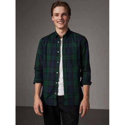 Burberry Check Cotton Shirt In Navy