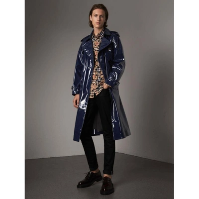 Burberry Laminated Cotton Trench Coat In Navy