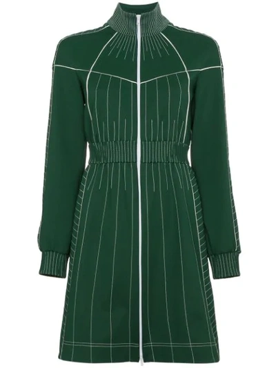 Valentino Long-sleeve Zip-front Fitted Short Dress With Contrast Topstitching In Green