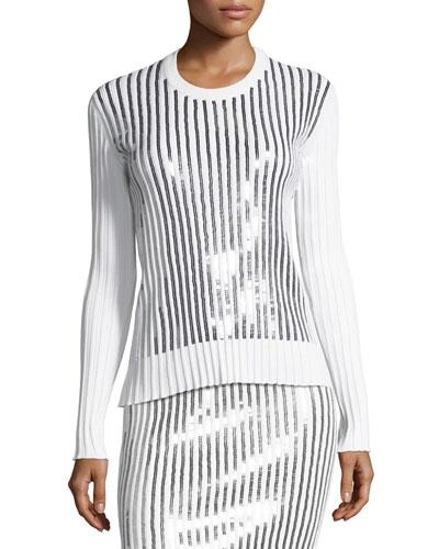 Cedric Charlier Sequin-striped Crewneck Sweater In White/silver