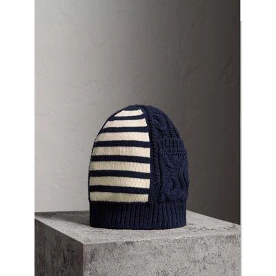 Burberry Cable Knit Striped Wool Cashmere Blend Beanie In Navy