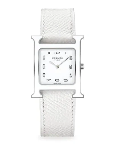 Hermès Watches Heure H 30mm Lacquered Stainless Steel & Leather Strap Watch In Silver White