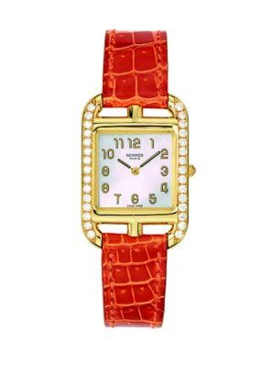 Hermès Watches Cape Cod 23mm Diamond, 18k Yellow Gold & Alligator Strap Watch In Orange
