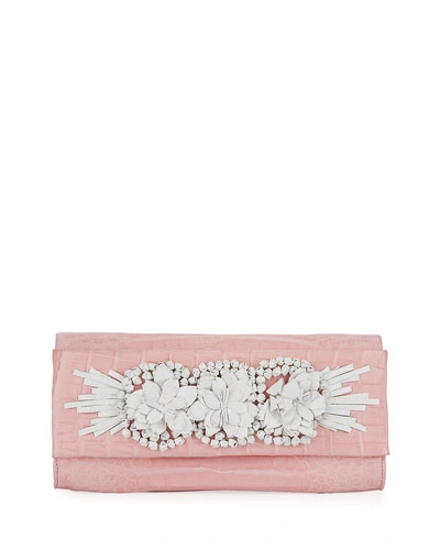 Nancy Gonzalez Floral Insert Crocodile Clutch Bag In Pink