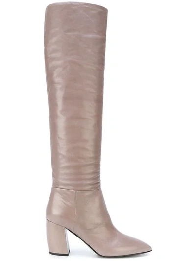 Prada Point-toe Leather Knee-high Boots In Grey