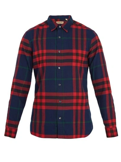 Burberry Point-collar Checked Cotton-flannel Shirt In Navy