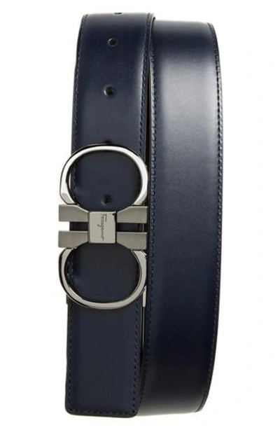 Ferragamo Double Gancini Leather Dress Belt In Blue Marine/ Black