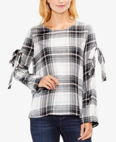 Vince Camuto Tie Sleeve Plaid Blouse In Dusty Blush