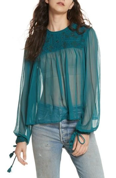 Free People Retro Sheer Blouse In Turquoise