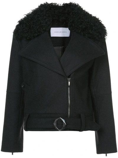 Kimora Lee Simmons Removable Shearling Collar Bomber Jacket In Black