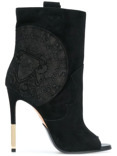 Balmain Suede Medallion-embossed Ankle Boots 110 In Black