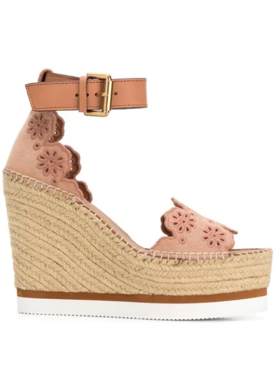 See By Chloé Leather And Embroidered Suede Espadrille Wedge Sandals In Nude