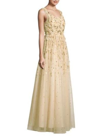 Aidan Mattox Rosette Beaded Evening Gown In Champagne