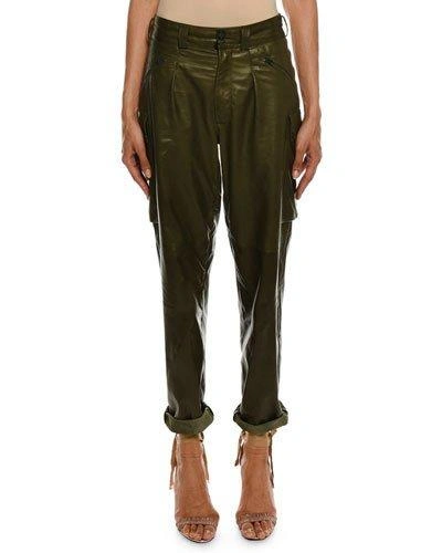 Tom Ford Cropped Leather Cargo Army Pants In Dark Green