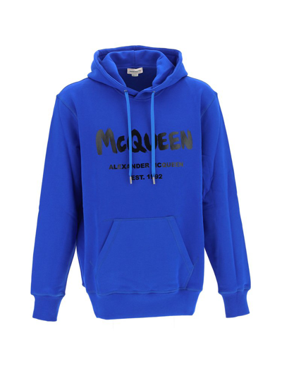 Alexander Mcqueen Man Royal Blue Mcqueen Graffiti Hoodie In Red