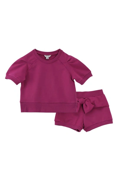 Habitual Girl Kid's Short Sleeve Sweatshirt & Tie Front Shorts Set In Dark Pink