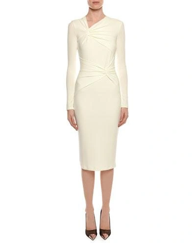 Tom Ford Long-sleeve Shirred Neck & Waist Fitted Day Dress In Ivory