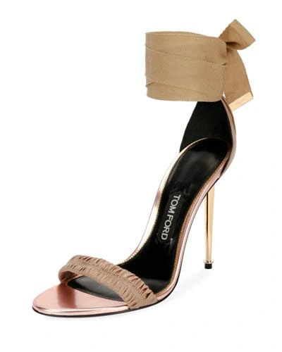 Tom Ford Patent Ankle-tie 105mm Sandal In Flesh