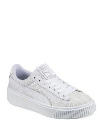 Puma Women's Basket Classic Floral Lace Lace Up Platform Sneakers In White