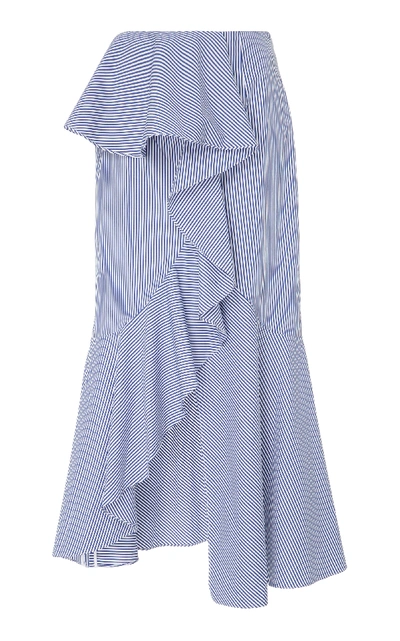 Goen J Ruffled Striped Cotton-poplin Midi Skirt In Blue