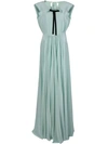 Rochas Mint Green Silk Pleated Front Gown Pussy Dress In Blue