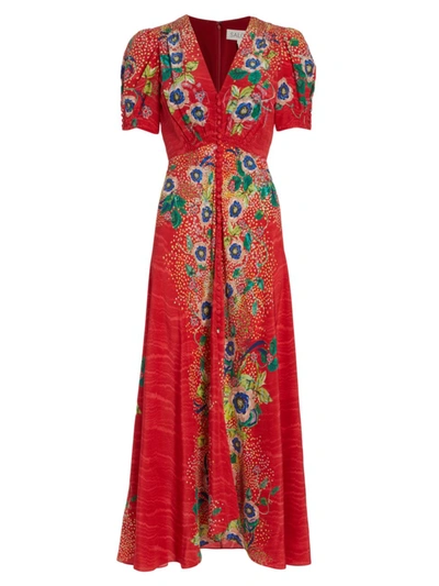 Saloni 'lea' Printed Silk Midi Dress In Red