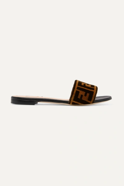 Fendi Logo-print Velvet Slides In Brown